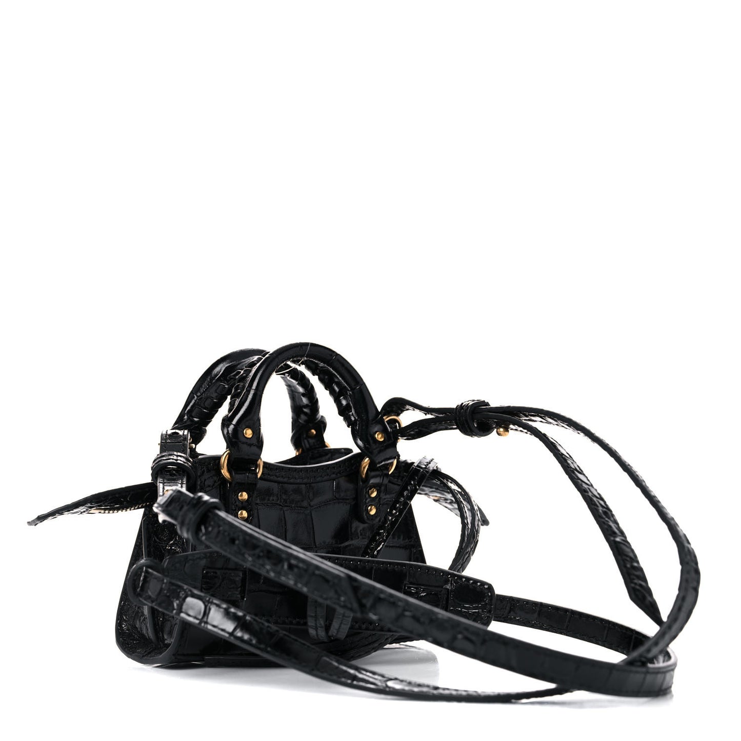 Shiny Supple Calfskin Crocodile Embossed Neo Classic Gold Hardware Super Nano City Crossbody Black