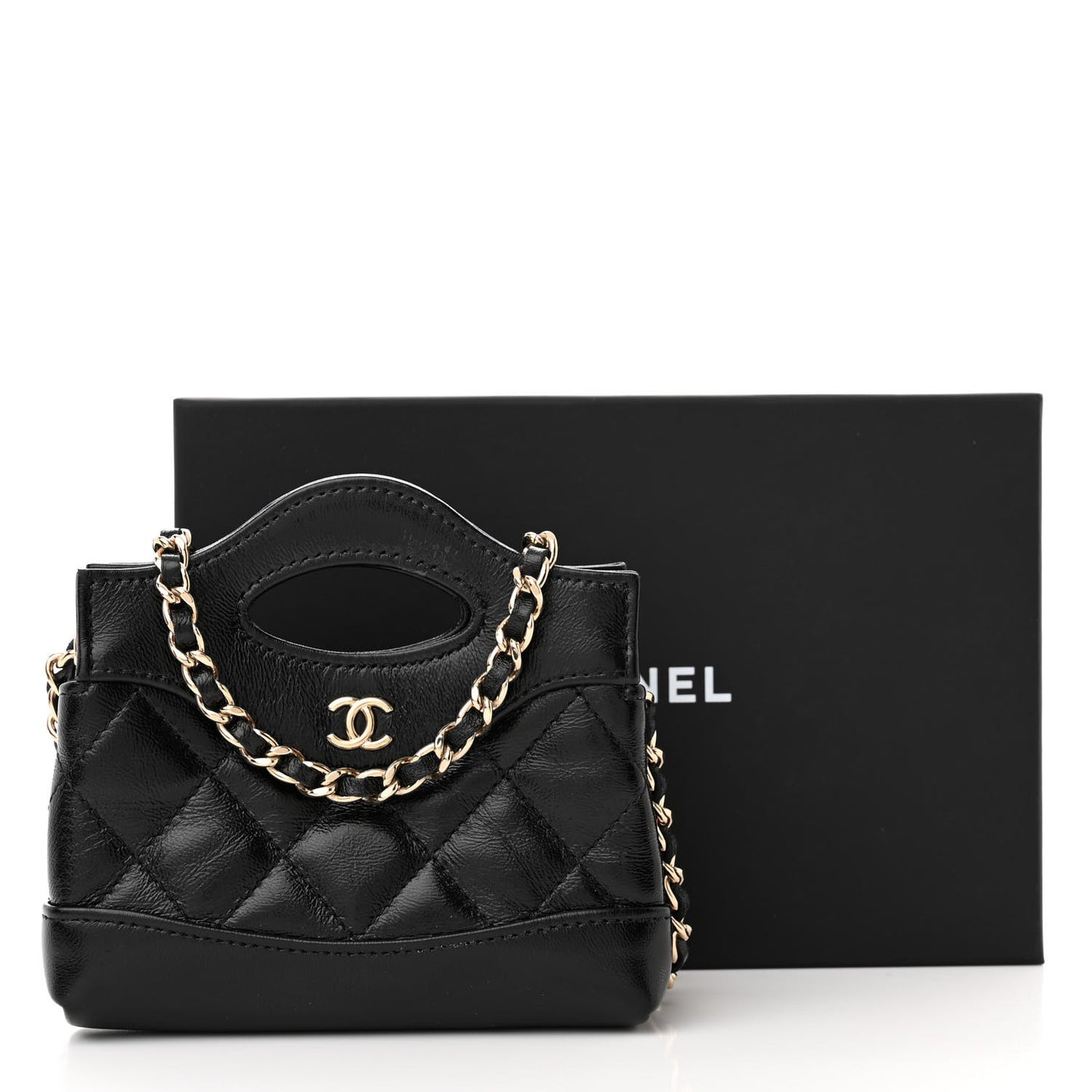 Shiny Lambskin Quilted Micro 31 Clutch With Chain Black