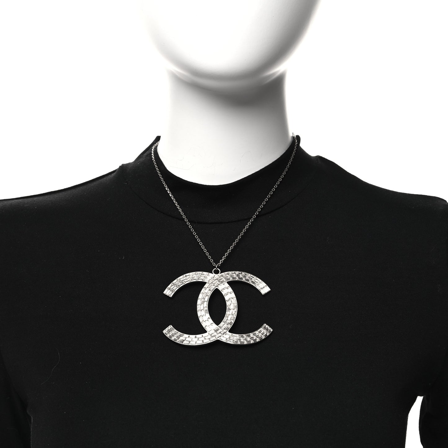 Baguette Crystal Large CC Pendant Necklace Silver