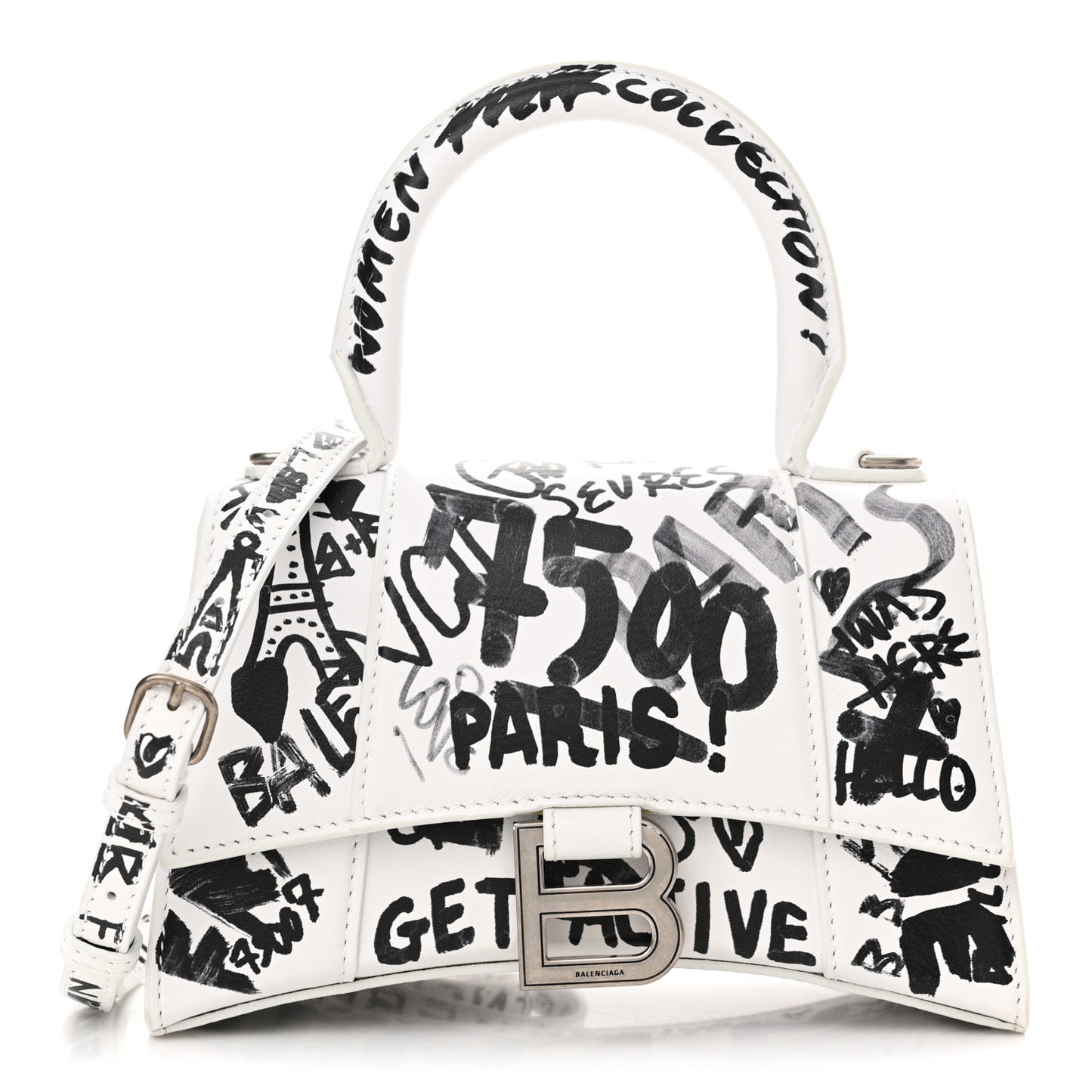 Smooth Calfskin Graffiti Hourglass Top Handle Bag XS White Black