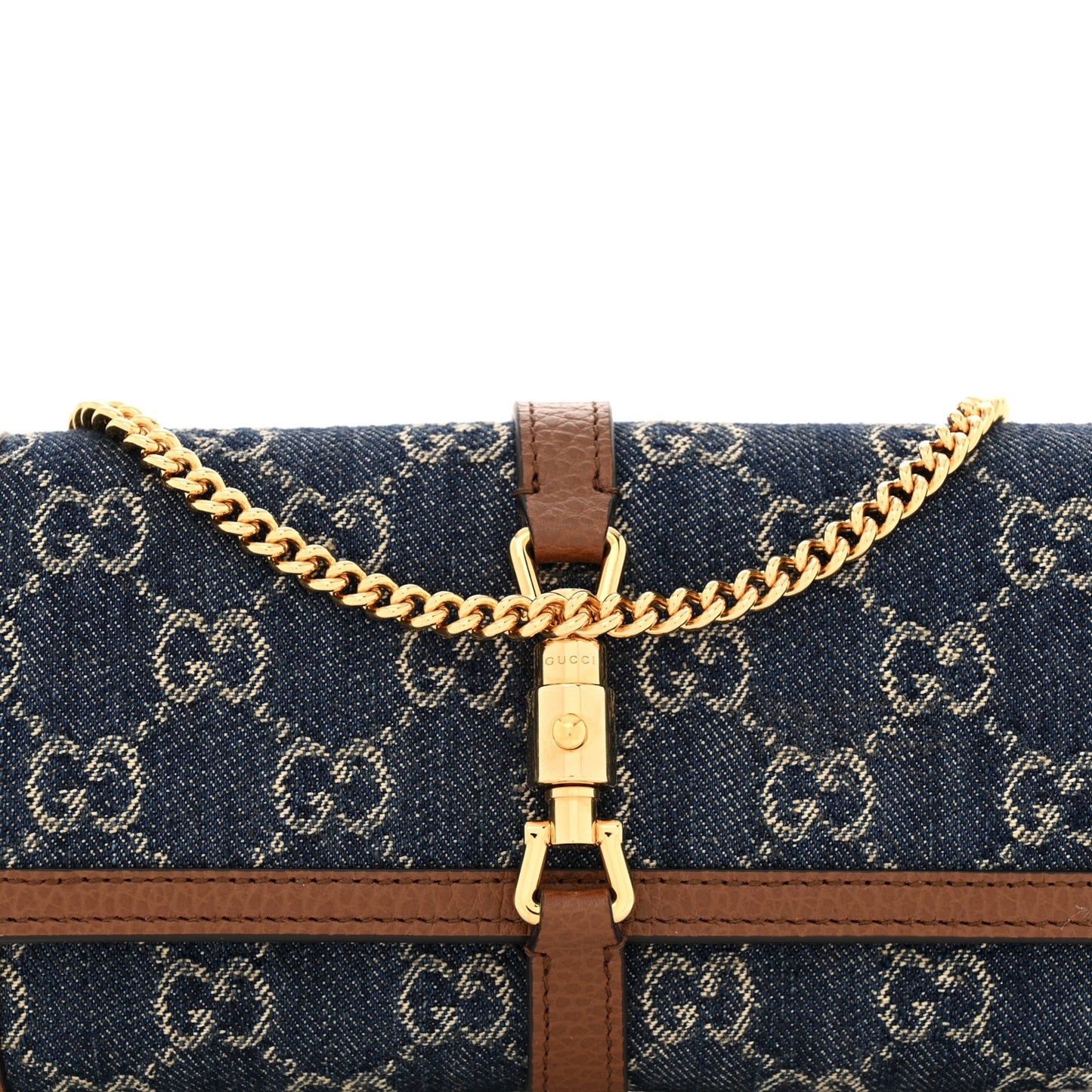 New Denim GG Monogram Jackie 1961 Chain Wallet Blue Tea Cuir