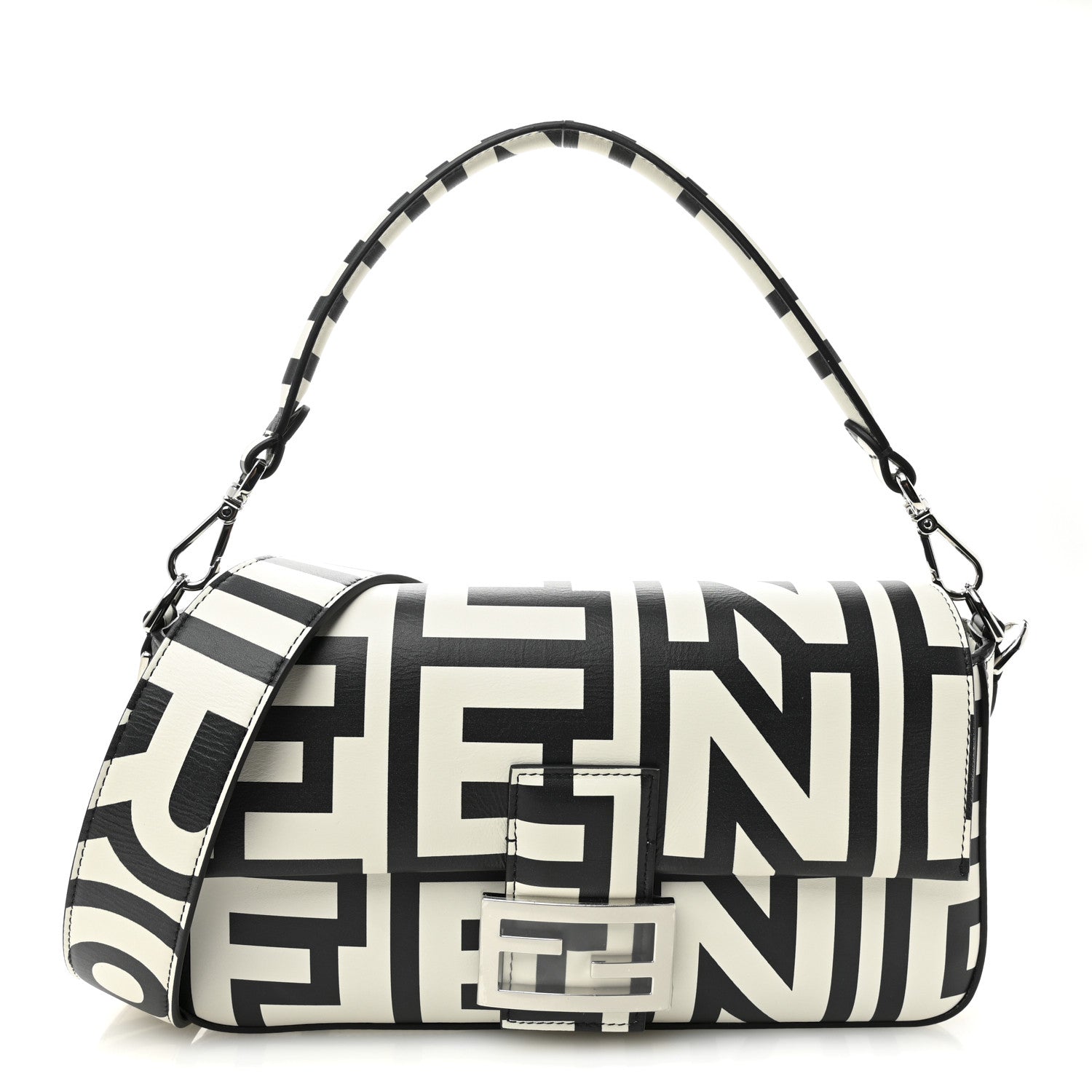 Fendi X MARC JACOBS Vitello Seta Logo Print Baguette White Black