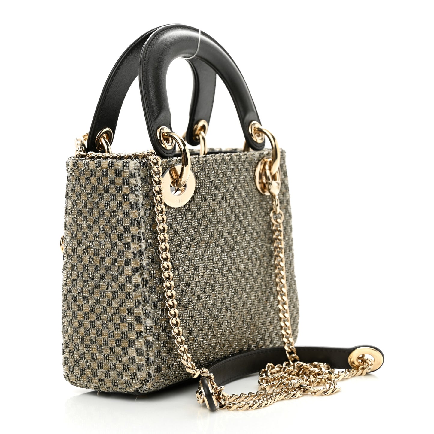 Calfskin Beaded Checkered Mini Lady Dior Grey White
