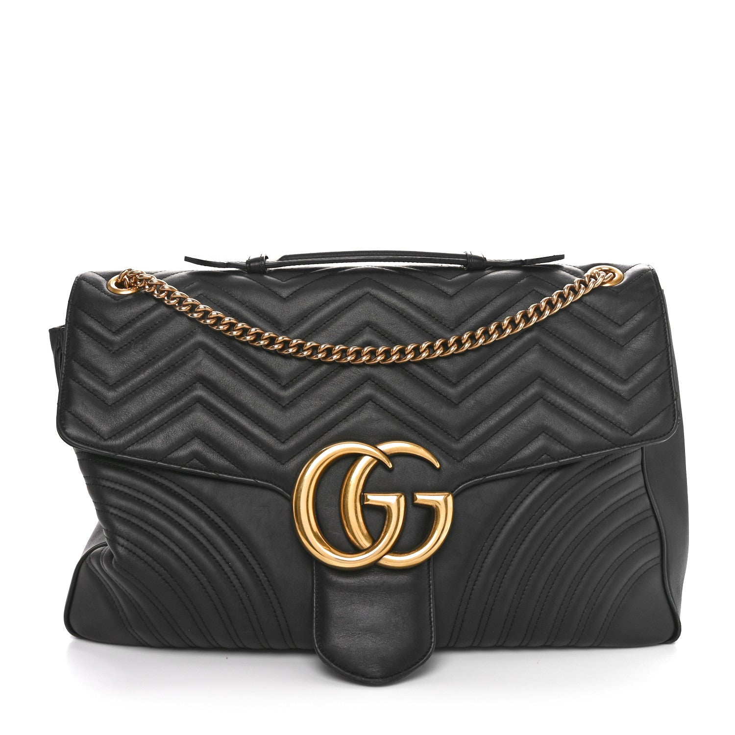 Gucci Calfskin Matelasse Maxi GG Marmont Top Handle Shoulder Bag Black 1 of 11