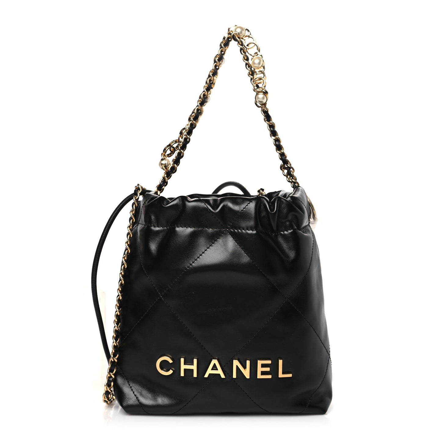 Shiny Calfskin Quilted Pearl CC Chain Mini Chanel 22 Black