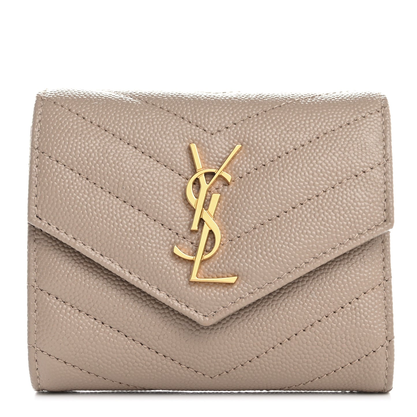 Grain De Poudre Matelasse Chevron Cassandre Monogram Compact Tri Fold Wallet Dark Beige