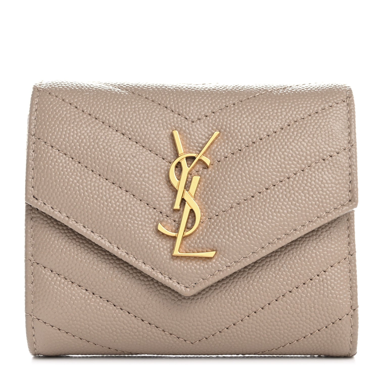 Saint Laurent Grain De Poudre Matelasse Chevron Cassandre Monogram Compact Tri Fold Wallet Dark Beige 1 of 10
