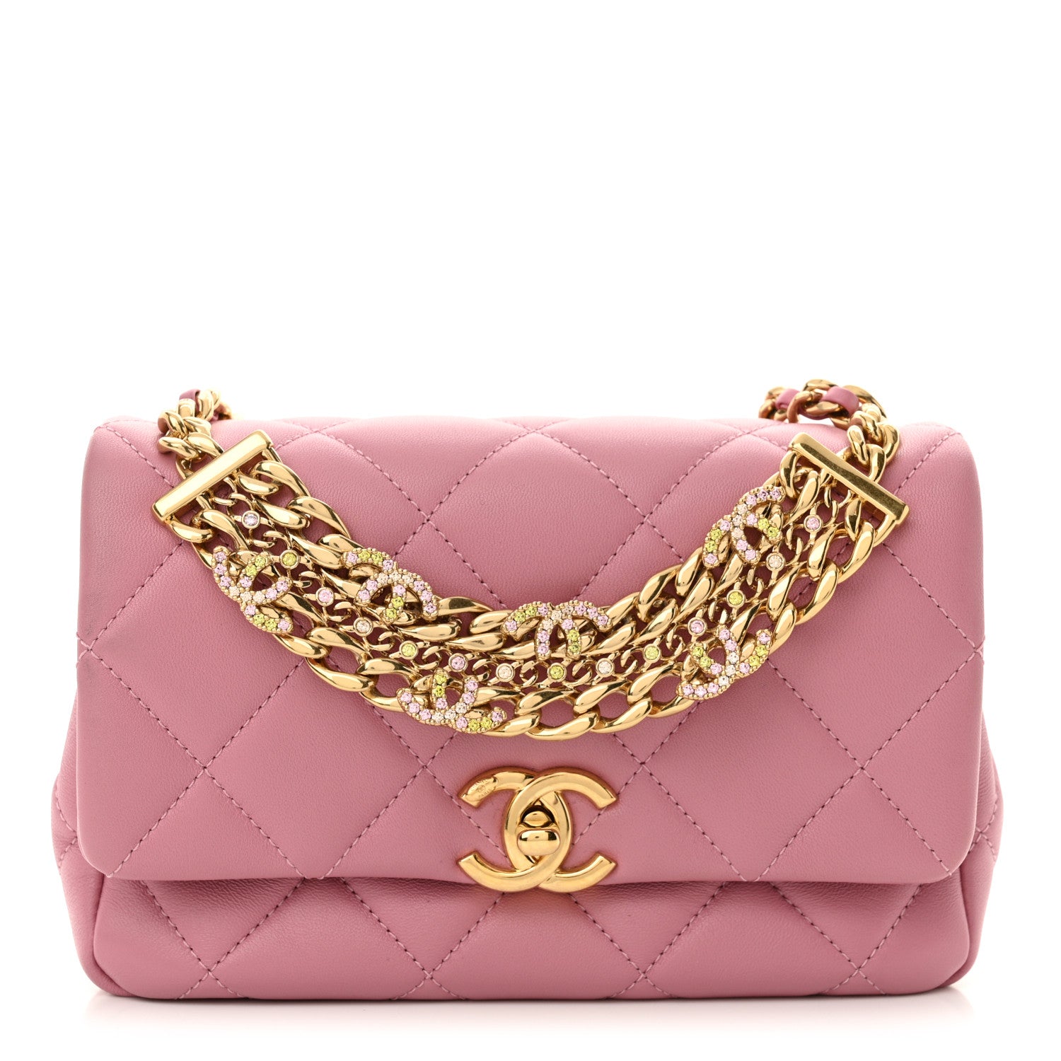 Chanel Lambskin Quilted Mini CC Crystal Logo Chain Flap Pink