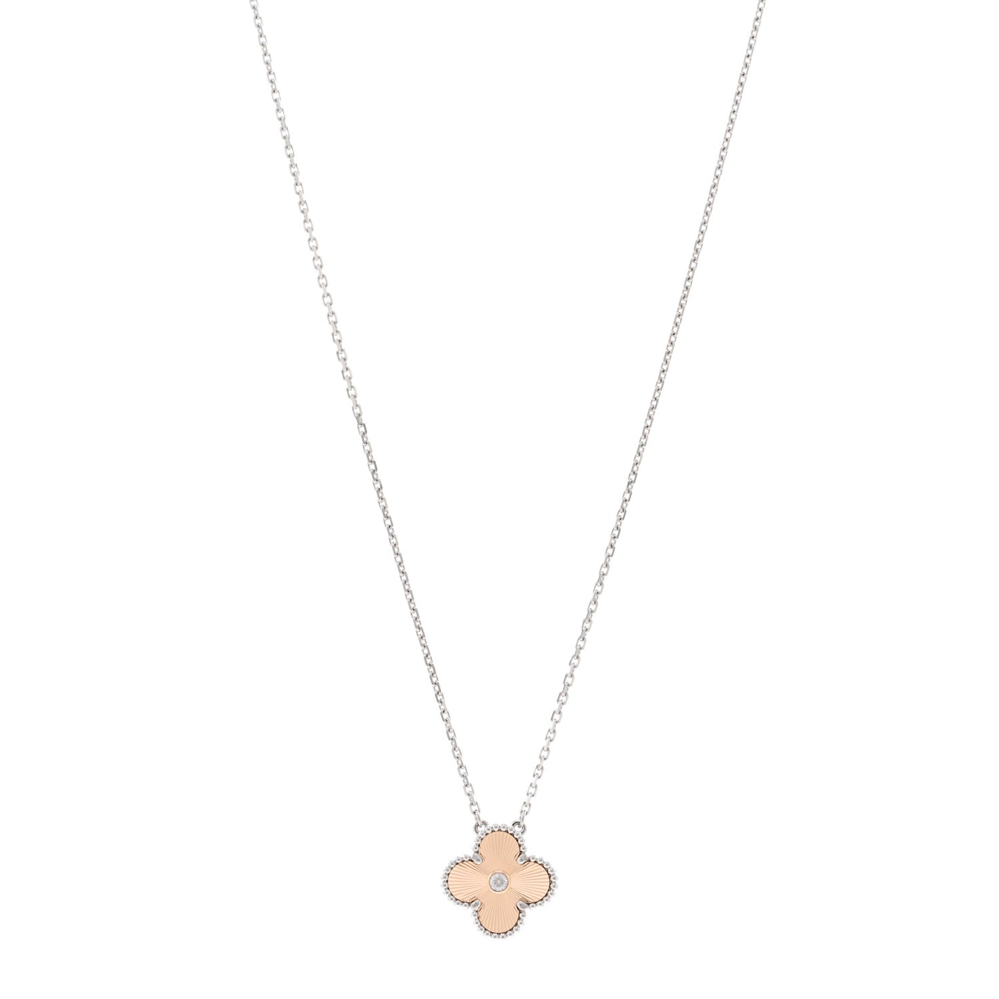 18K White Rose Gold Diamond Guilloche Vintage Alhambra Pendant Necklace