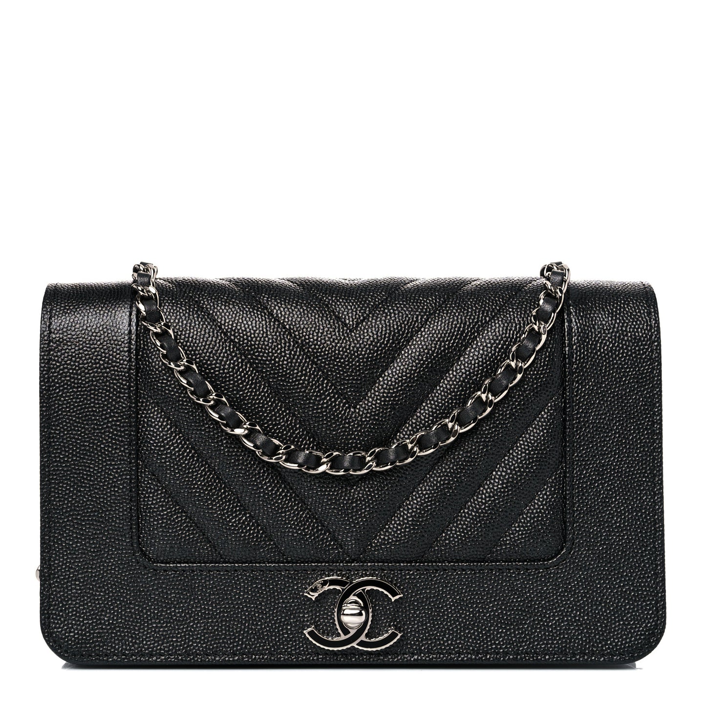 Metallic Caviar Chevron Quilted Vintage Mademoiselle Wallet On Chain WOC Charcoal