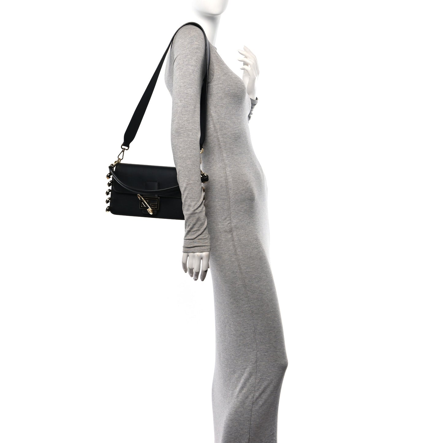 X VERSACE Vitello Seta Fendace Brooch Baguette Black