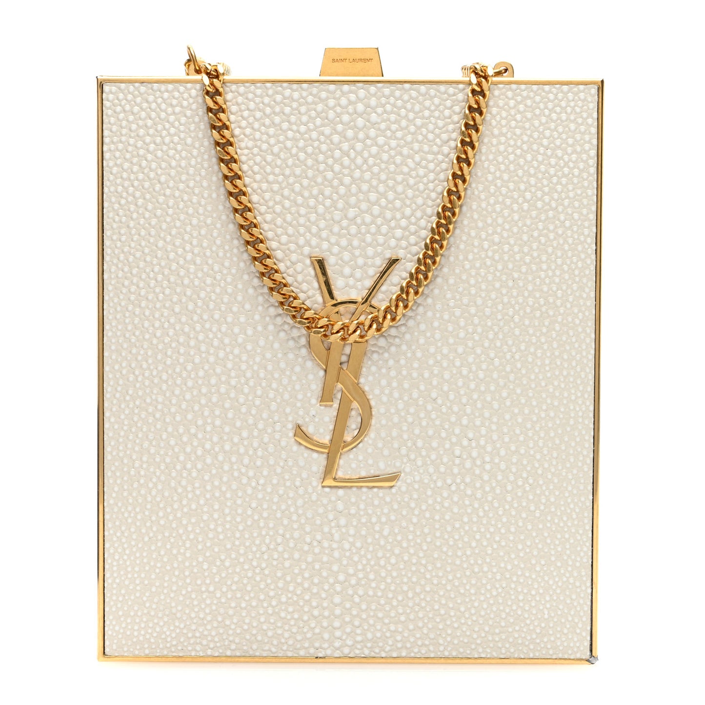 Metal Calfskin Shagreen Embossed Monogram Minaudiere Tuxedo Box Clutch Blanc Vintage Light Bronze
