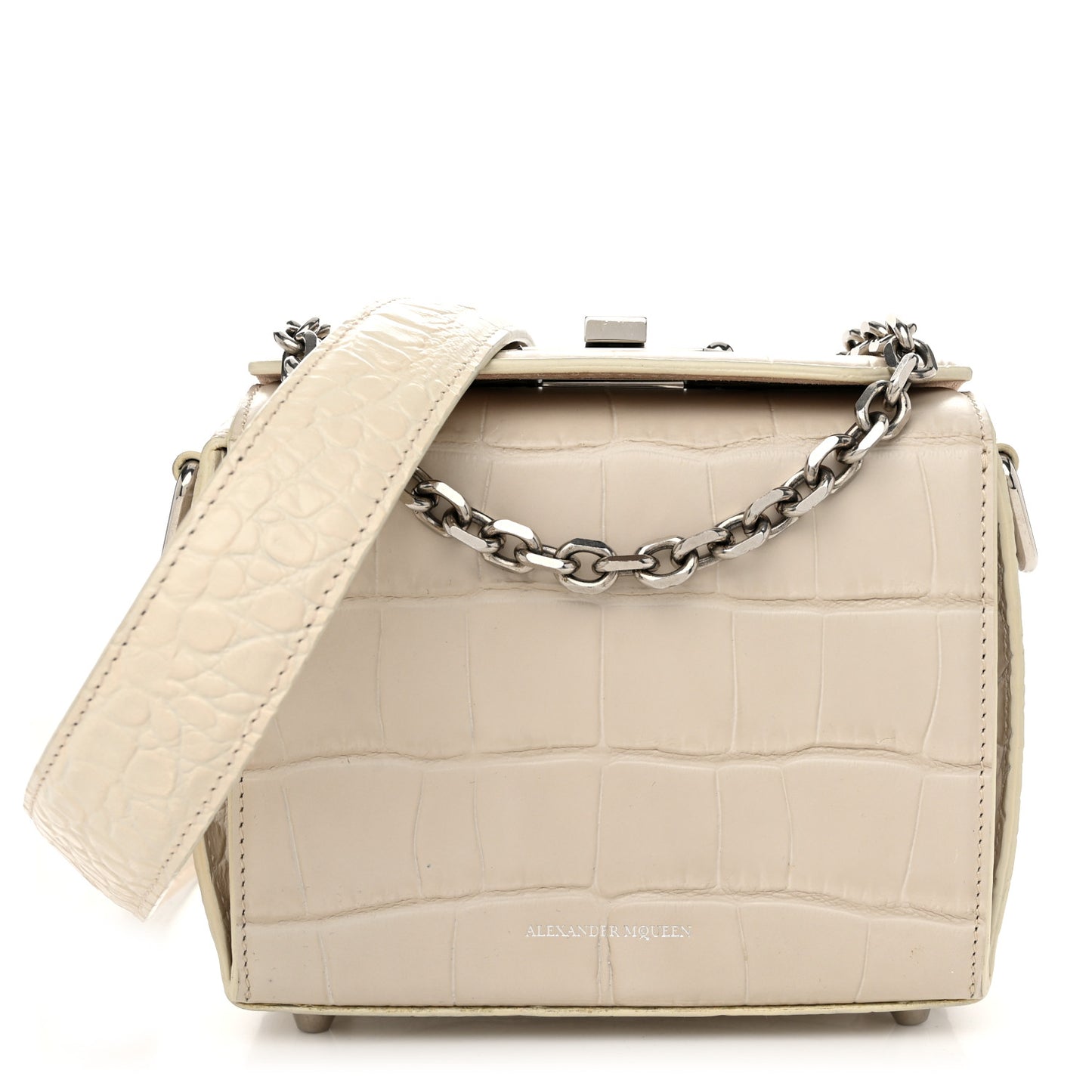 Calfskin Crocodile Embossed Box Shoulder Bag 16 White Bone