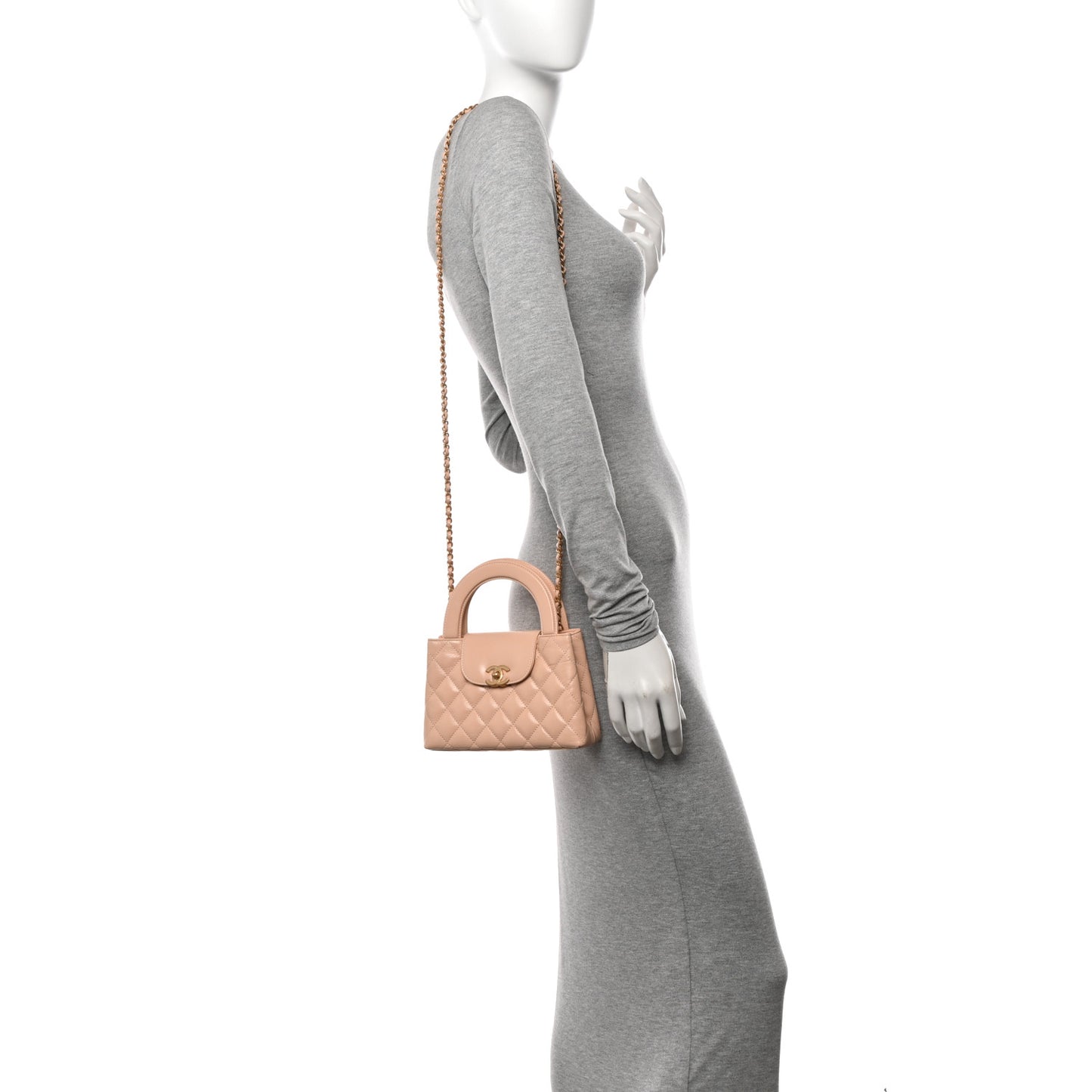 Shiny Aged Calfskin Quilted Nano Kelly Shopper Beige