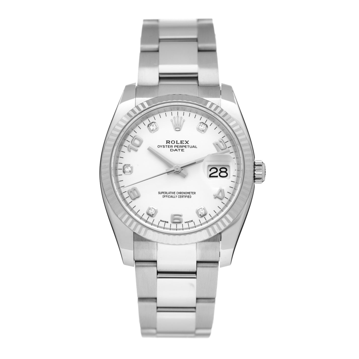 Stainless Steel 18K White Gold Diamond 34mm Oyster Perpetual Date Watch White 115234