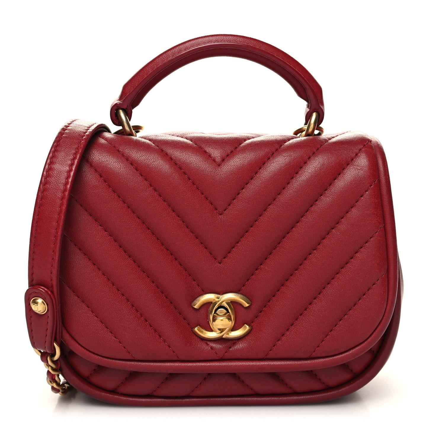 Lambskin Reverse Chevron Quilted Mini Round Top Handle Flap Red