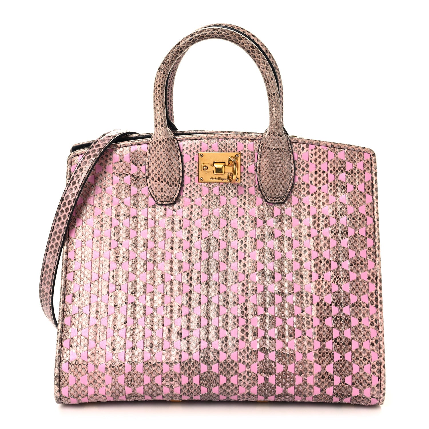 Salvatore Ferragamo Calfskin Snakeskin Woven The Studio Box Tote