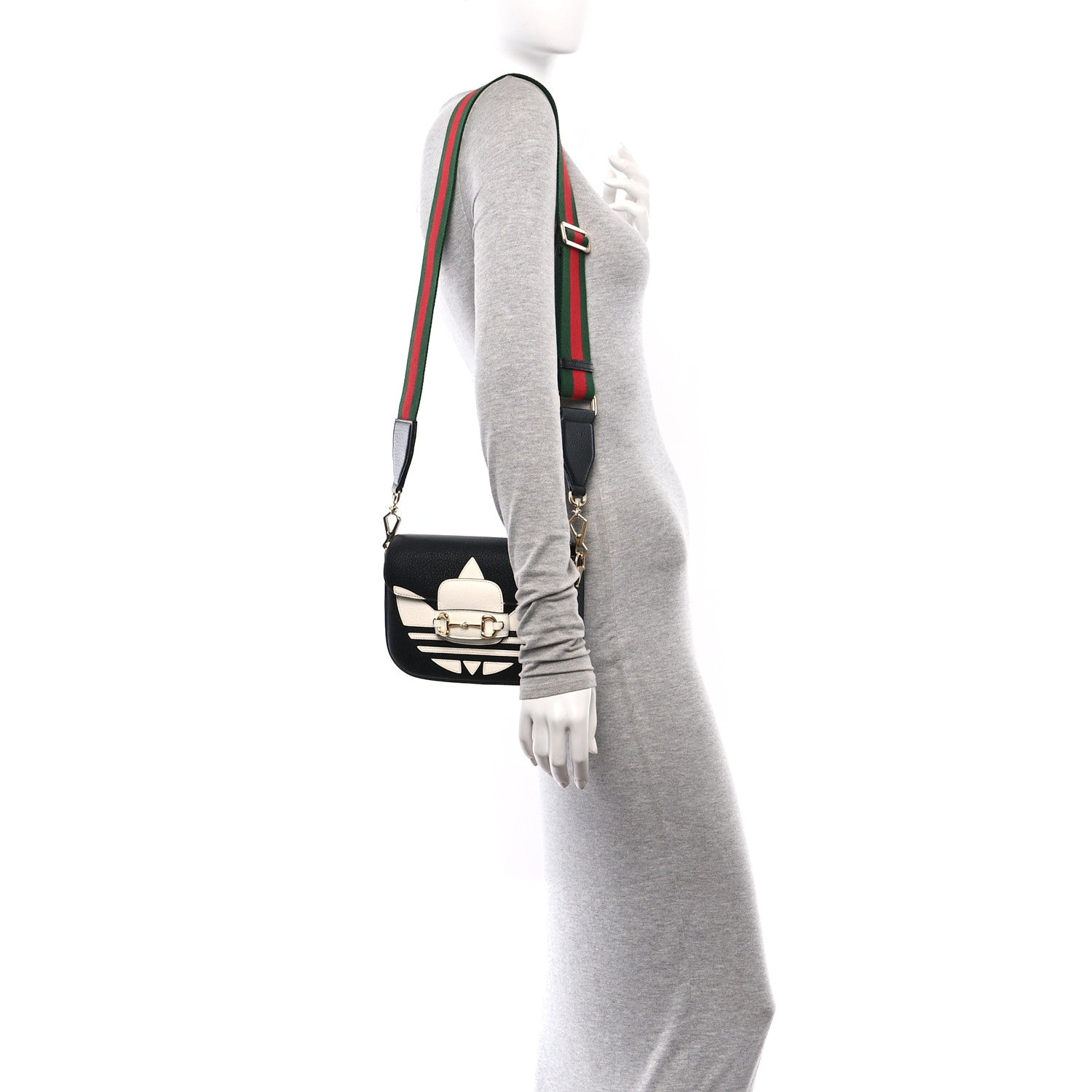 Gucci X ADIDAS Textured Dollar Calfskin Web Trefoil Mini Horsebit 1955 Shoulder Bag Black Off White 2 of 10