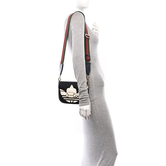 X ADIDAS Textured Dollar Calfskin Web Trefoil Mini Horsebit 1955 Shoulder Bag Black Off White