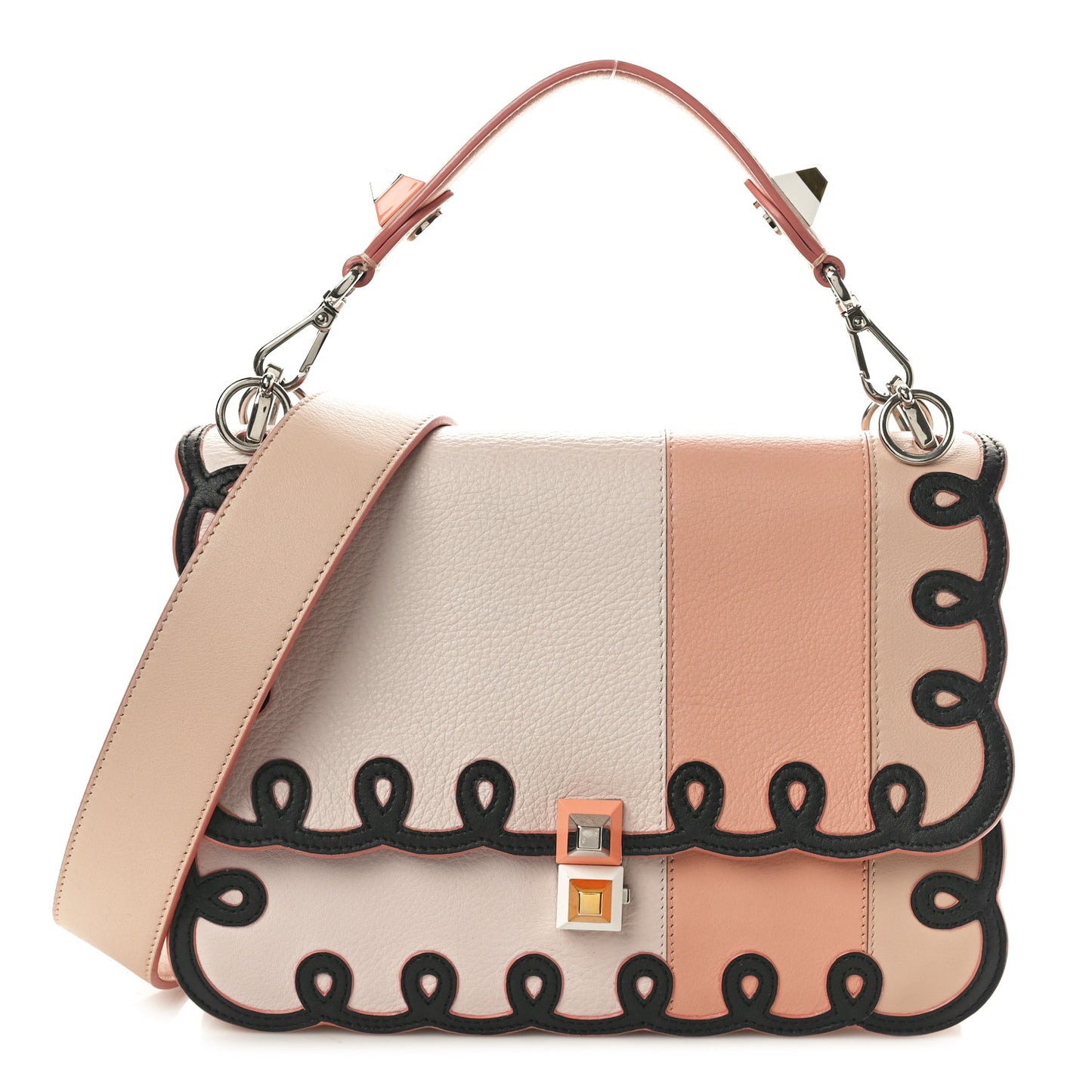 Vitello Dolce Scalloped Studded Scrollwork Kan I Shoulder Bag Plaster Black