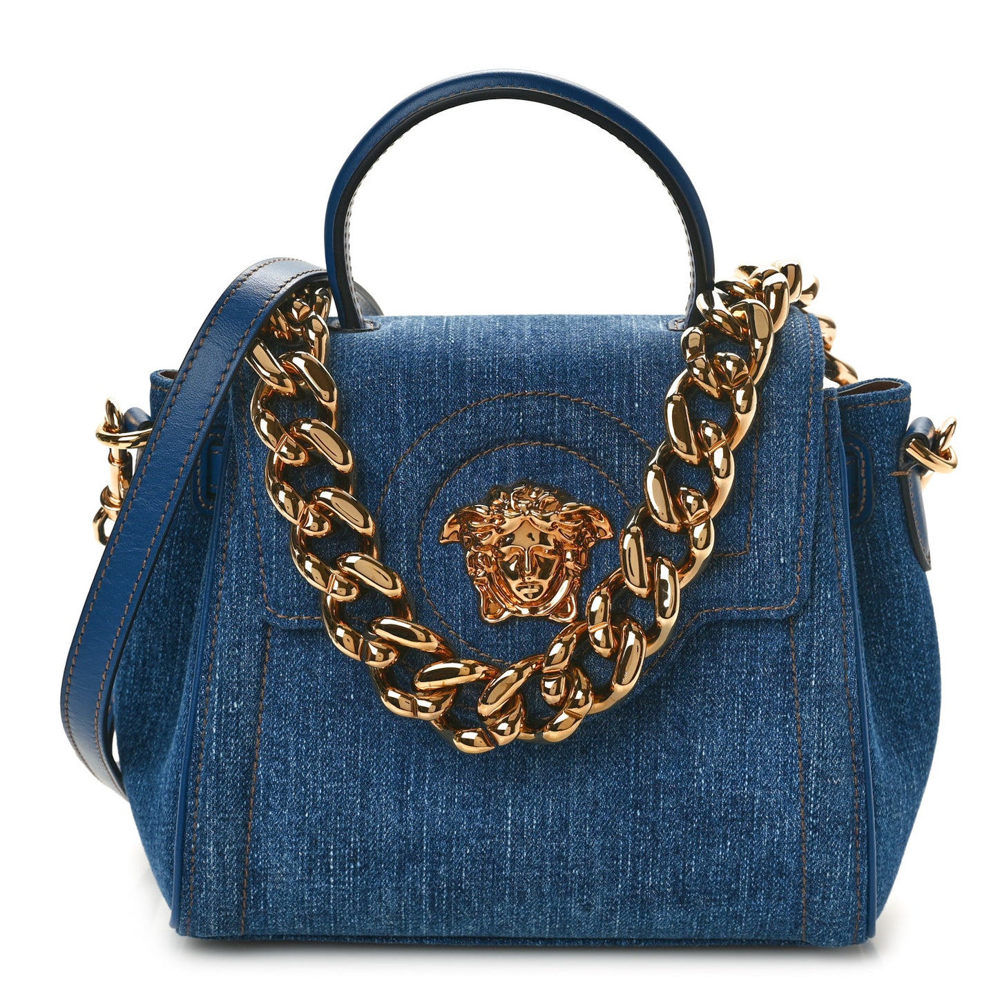 Denim Small La Medusa Chain Top Handle Bag Navy Blue