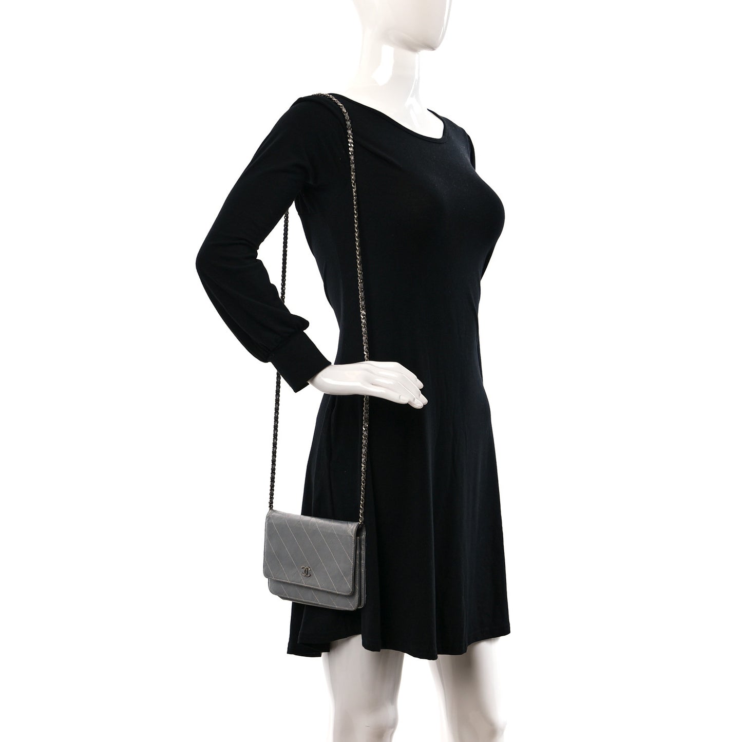 Metallic Aged Calfskin Quilted Wallet on Chain WOC Silver