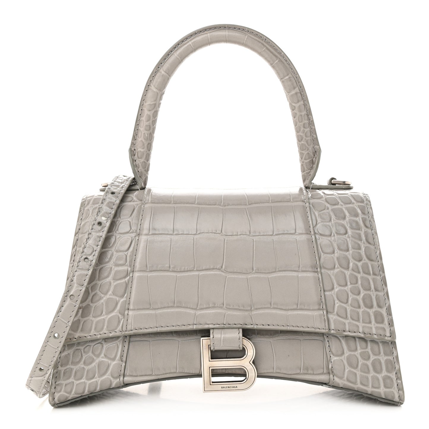 Shiny Calfskin Crocodile Embossed Small Hourglass Top Handle Bag Steel Grey