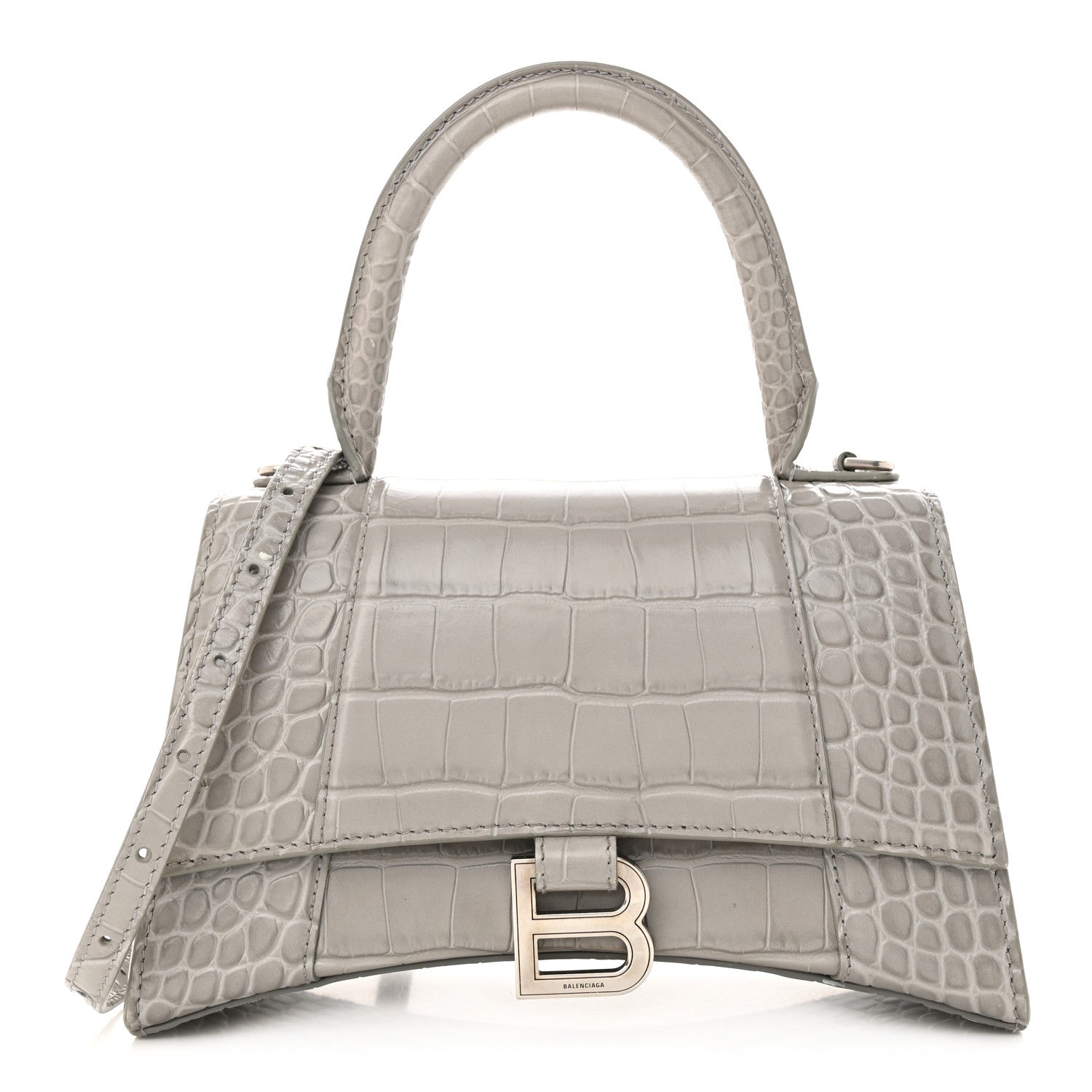 Balenciaga Shiny Calfskin Crocodile Embossed Small Hourglass Top Handle Bag Steel Grey 1 of 13