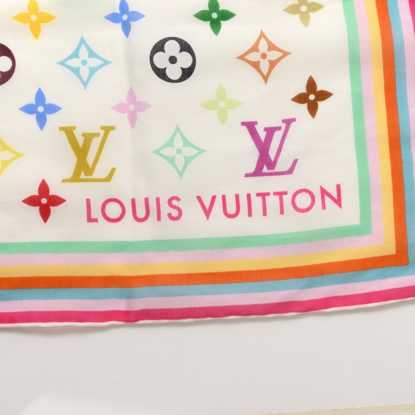 LV X TM Silk Cotton Monogram Multicolor Square Scarf 55 White