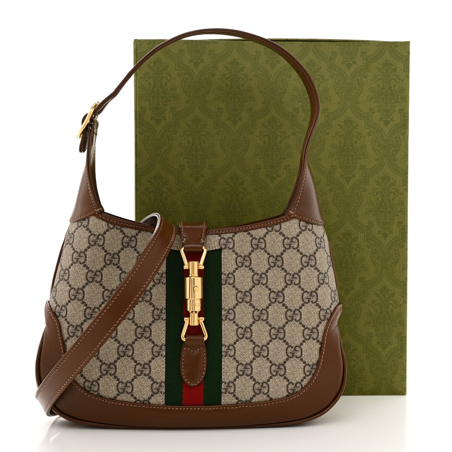 GG Supreme Monogram Azalea Calfskin Web Small Jackie 1961 Hobo Beige Ebony Brown Sugar