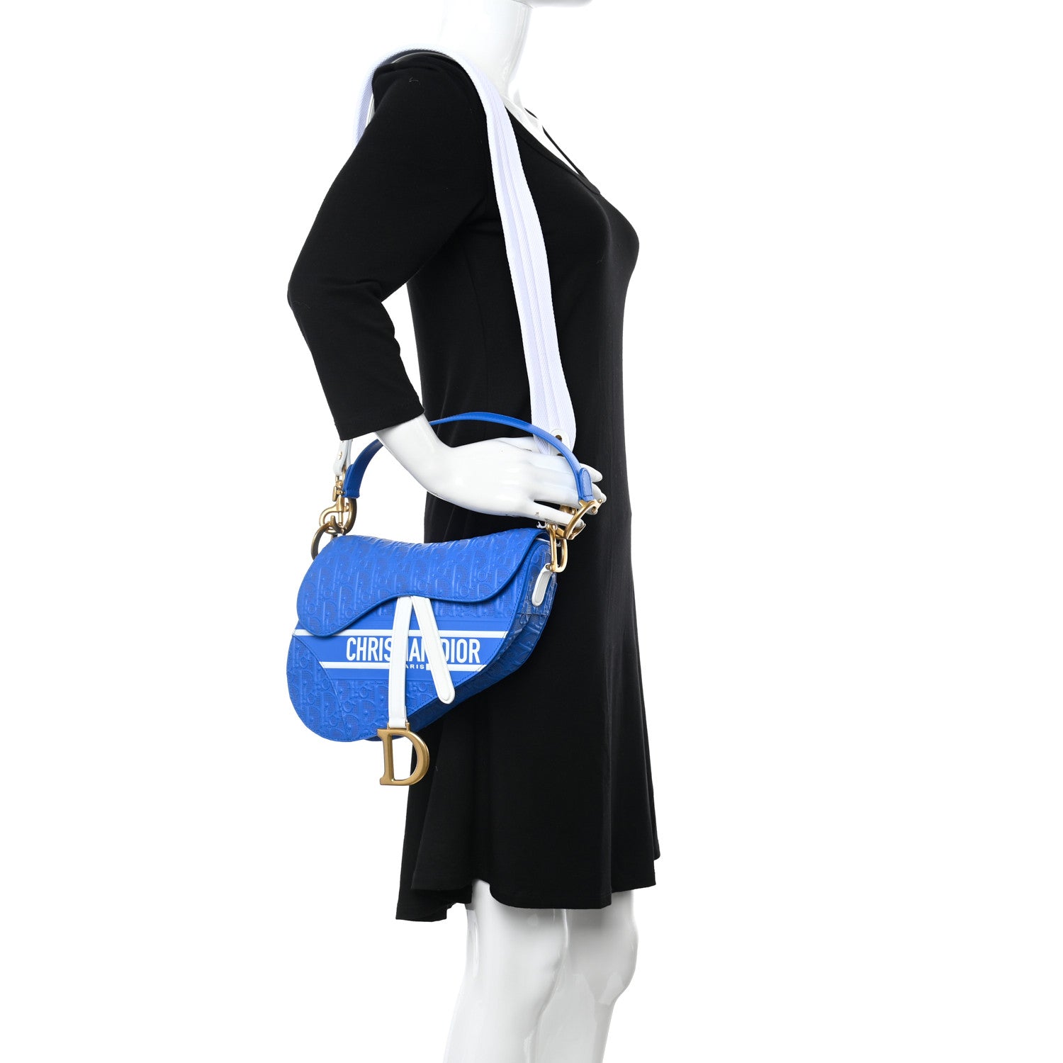 Christian Dior Perforated Calfskin Embossed Oblique Saddle Bag Blue White 2 of 11
