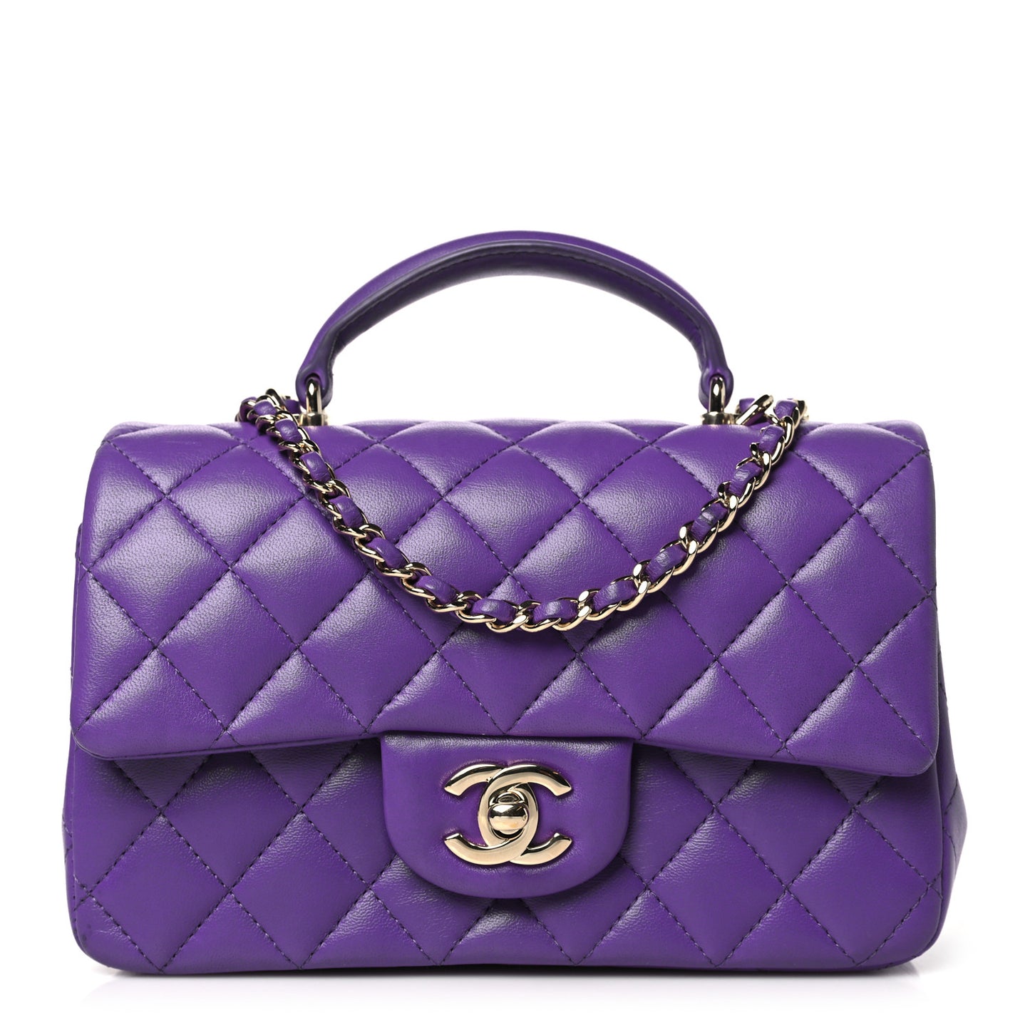 Lambskin Quilted Mini Top Handle Rectangular Flap Dark Purple