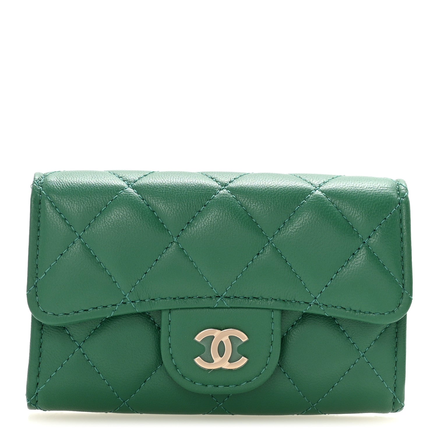Chanel Lambskin Quilted Flap Card Holder Wallet Green 1857061