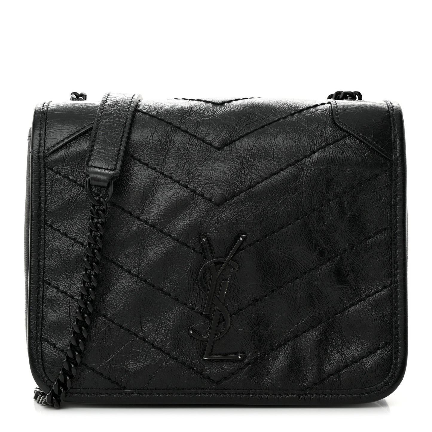 Crinkled Calfskin Matelasse Monogram Niki Chain Wallet Black
