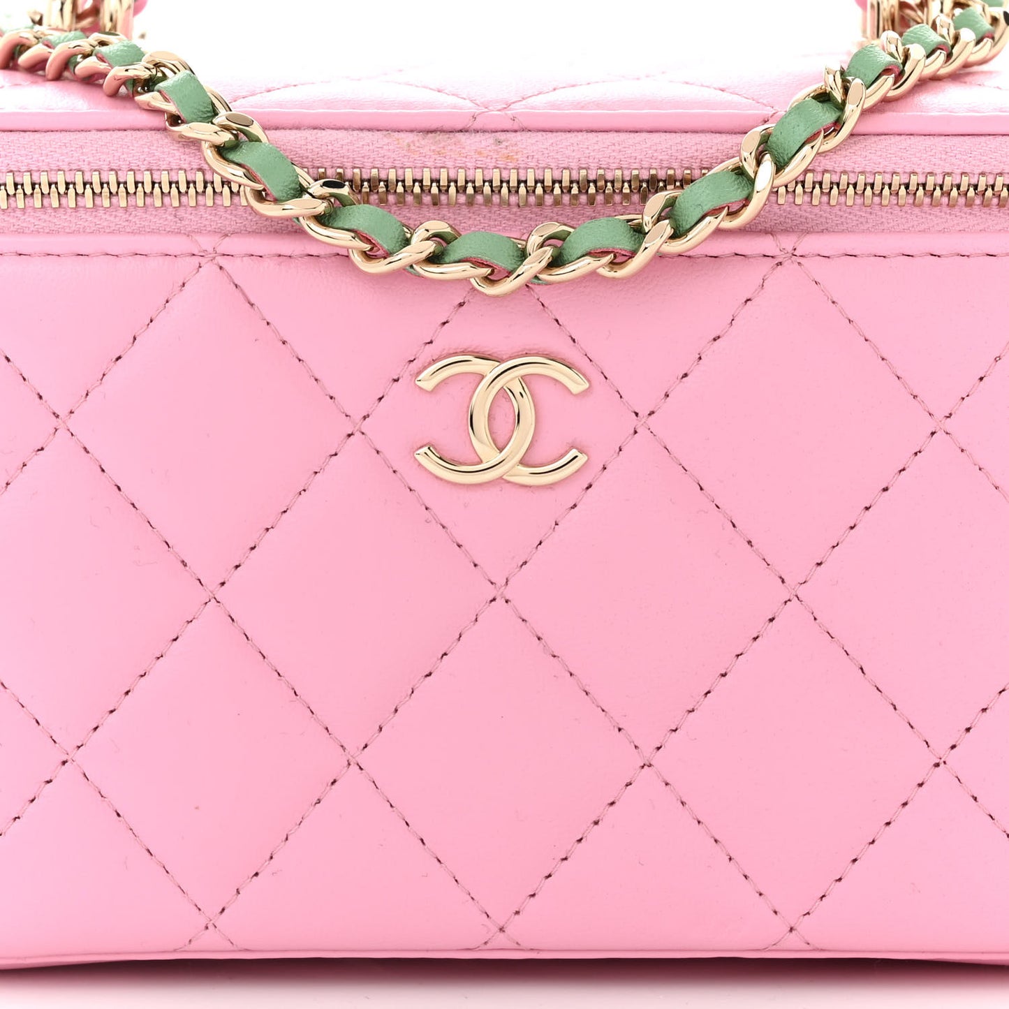 Lambskin Quilted Small Top Handle Vanity Case With Chain Lilac Light Green