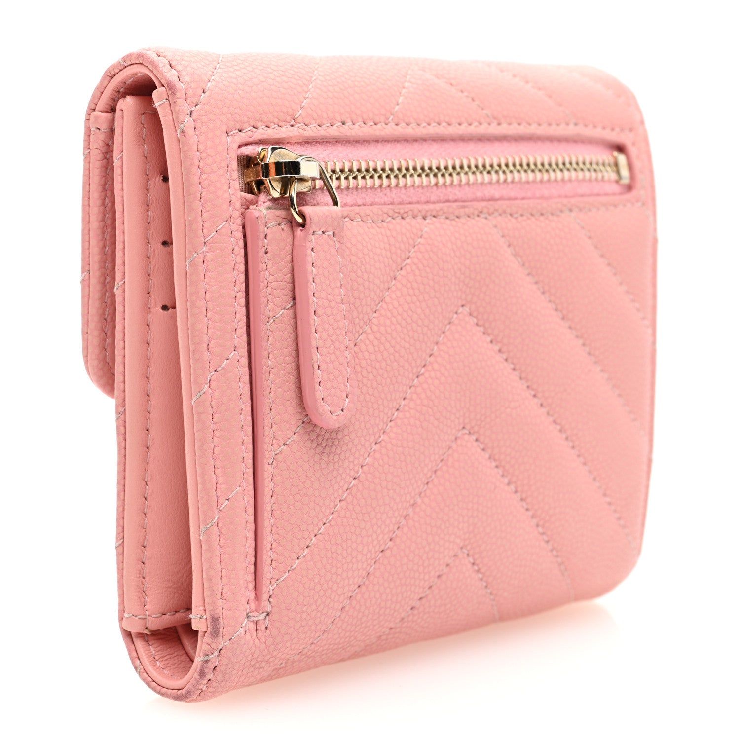 Chanel Caviar Flat Chevron Quilted Compact Flap Wallet Pink 3 of 8
