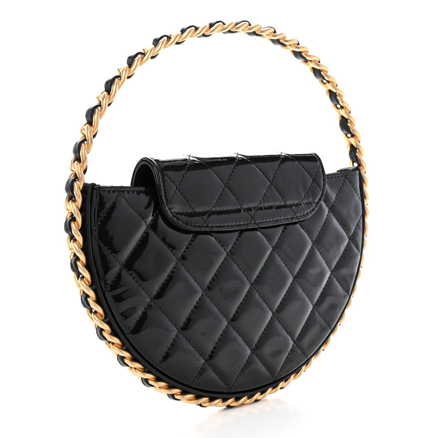Patent Calfskin Quilted Chain Hoop Bag Black