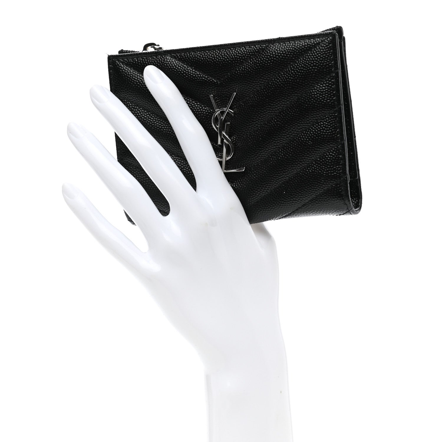 Saint Laurent Grain De Poudre Matelasse Chevron Monogram Zipped Two-Part Wallet Black 2 of 9