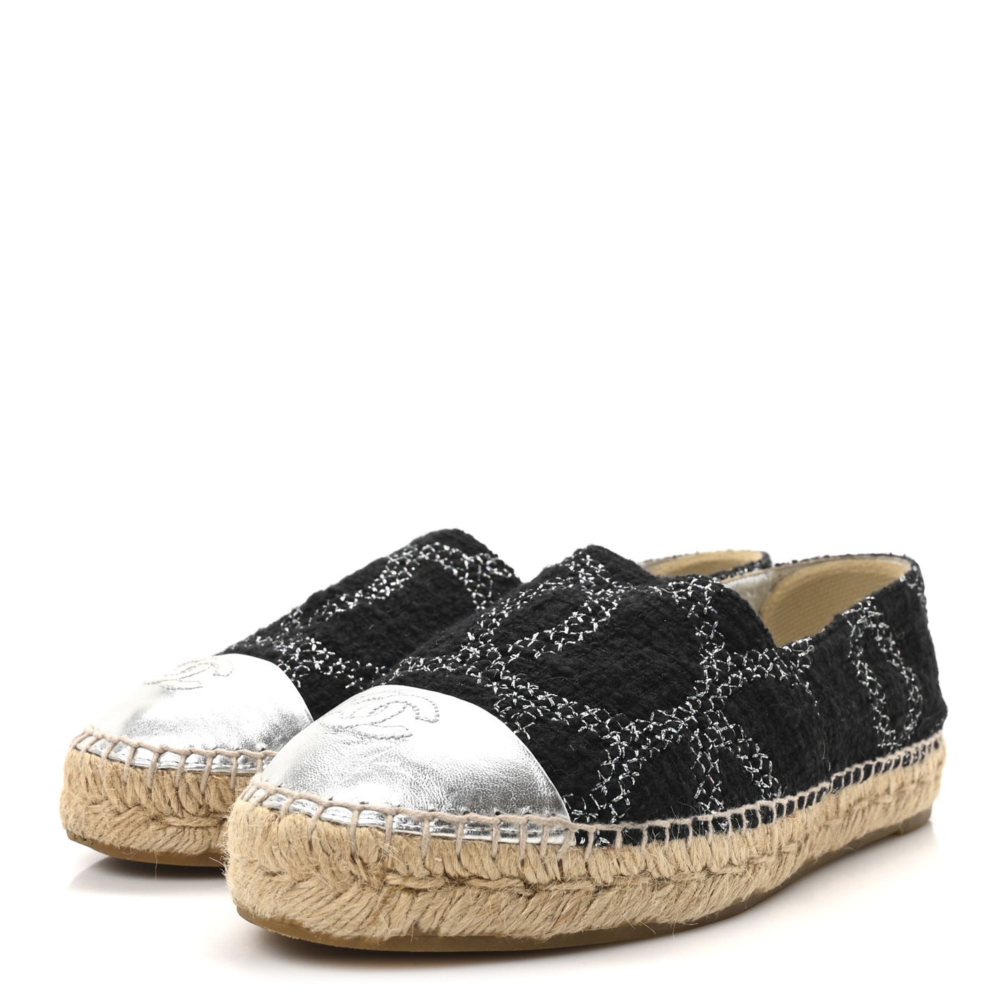 Metallic Tweed Lambskin CC Espadrilles 38 Black Silver