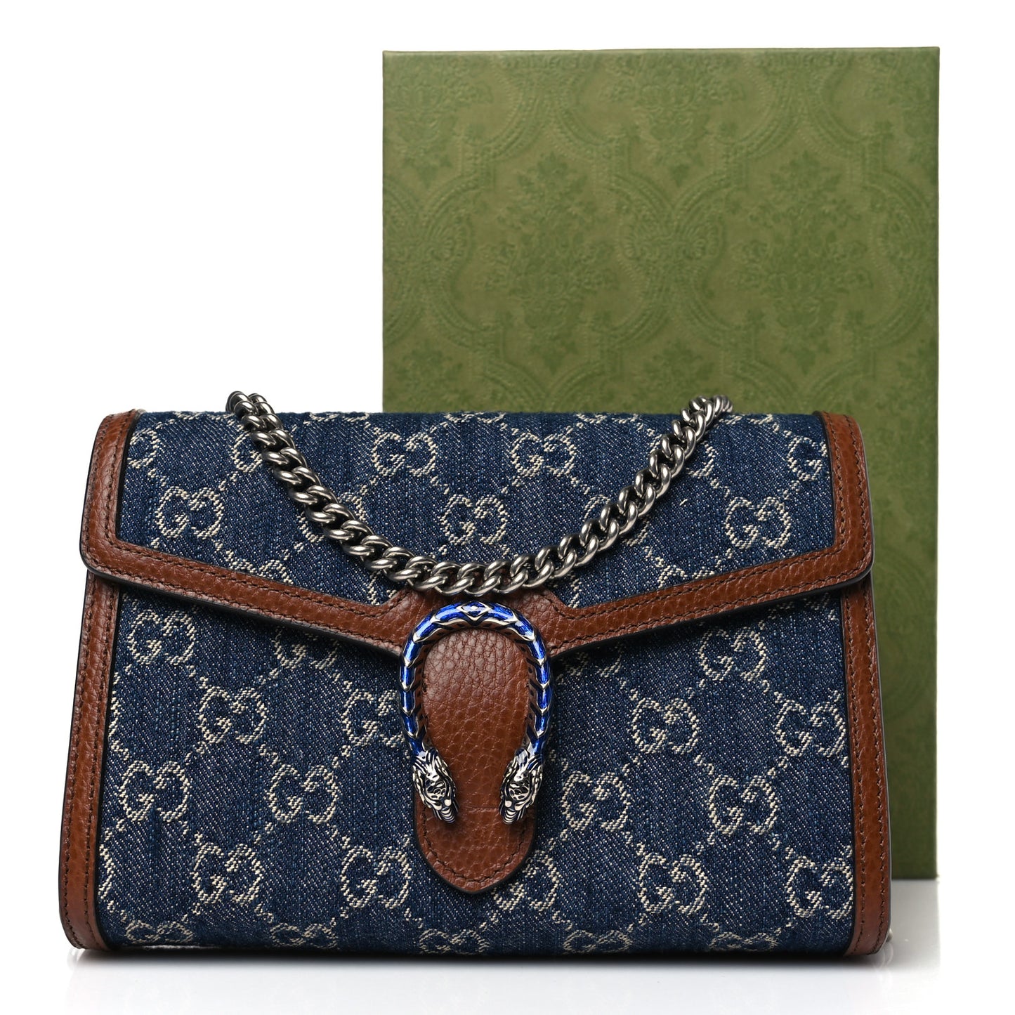 New Denim GG Monogram Dollar Calfskin Enamel Mini Dionysus Chain Wallet Blue Tea Cuir Epilog Electric Blue