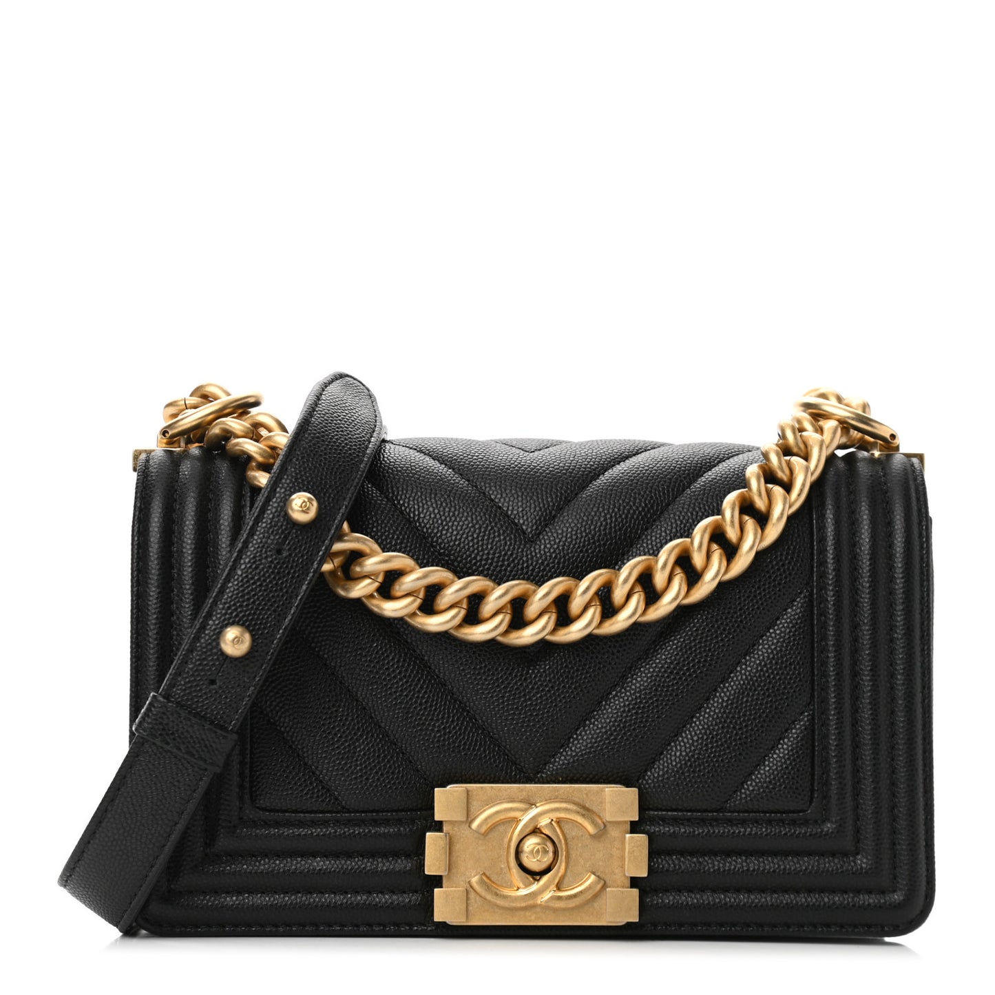 Caviar Chevron Quilted Small Boy Flap Black