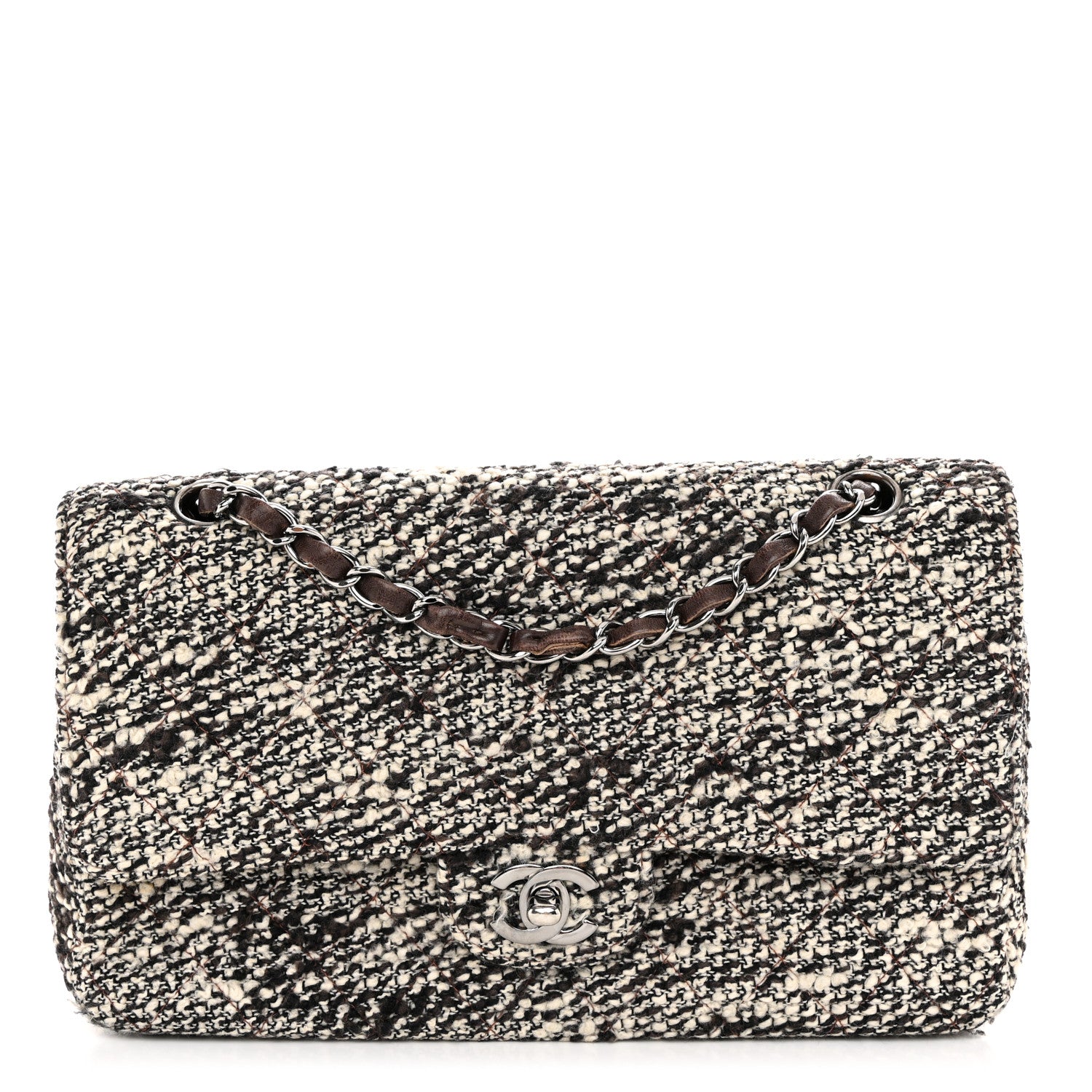 Chanel Tweed Quilted Medium Double Flap White Brown 1 of 12