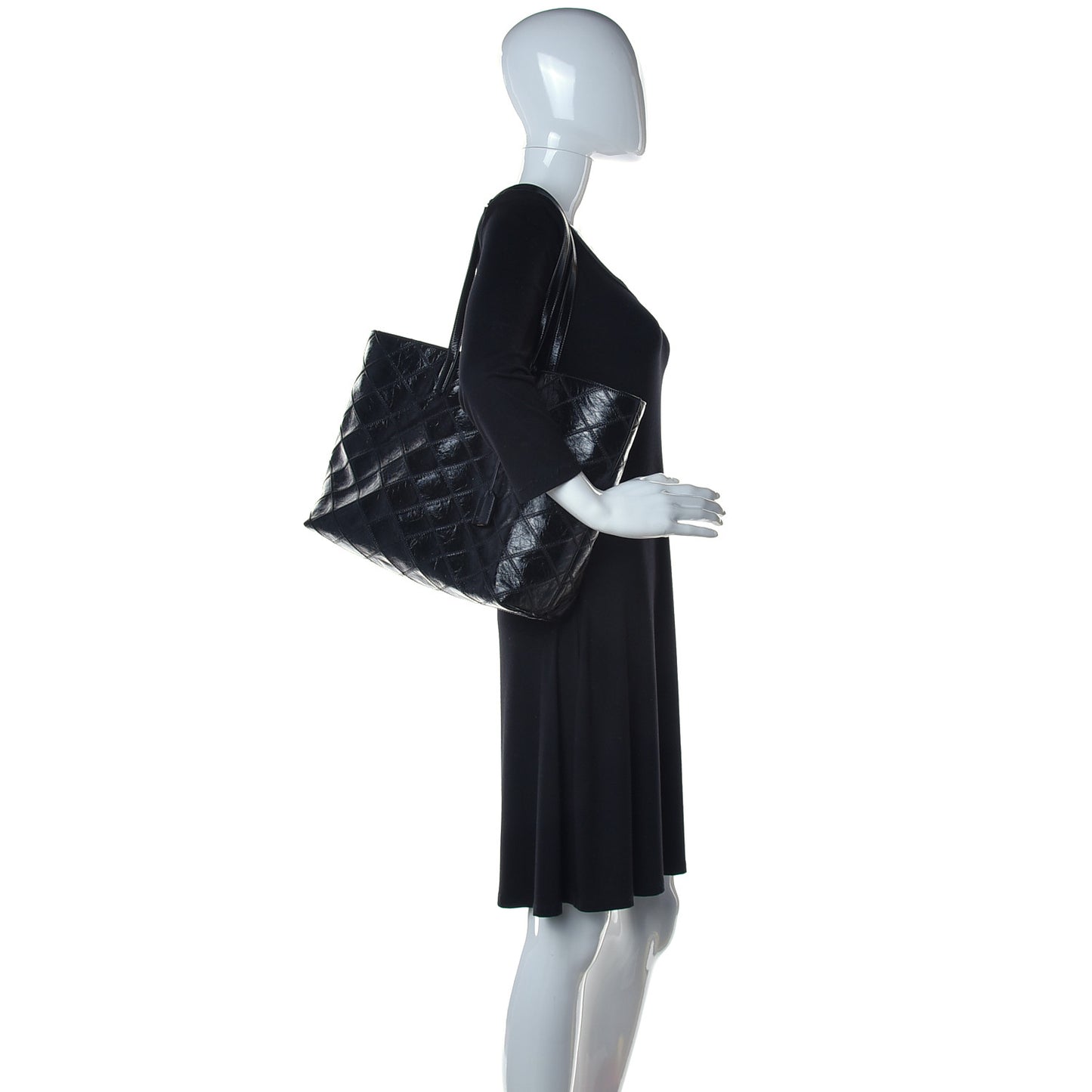 Crinkled Calfskin Quilted East West Shopping Tote Black