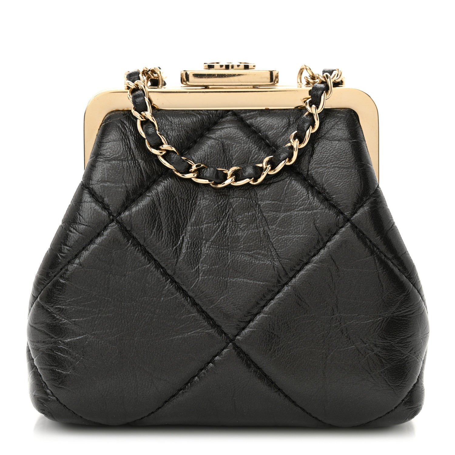 Chanel Shiny Aged Lambskin Quilted Kiss Lock Clutch With Chain