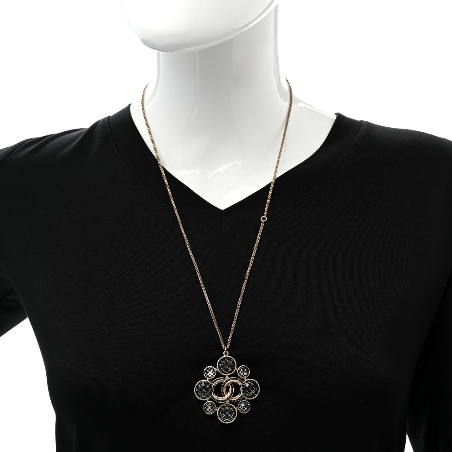 Gripoix Poured Glass Crystal CC Pendant Necklace Black Gold