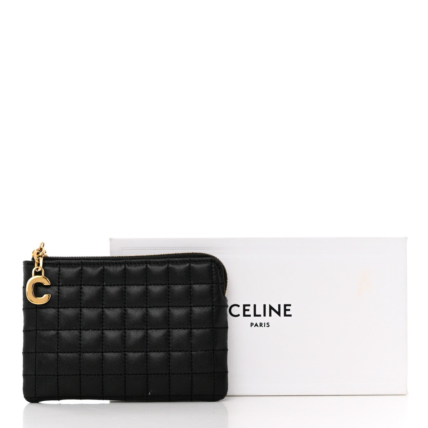 Calfskin Quilted C Charm Coin Card Pouch Black