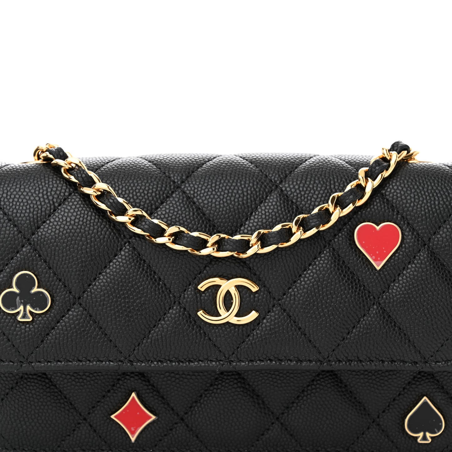 Caviar Quilted Enamel Coco Casino Flap Phone Holder With Chain Black