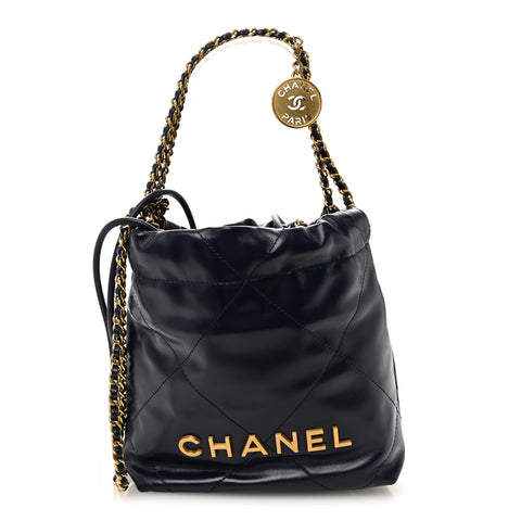 Shiny Calfskin Quilted Mini Chanel 22 Navy Blue
