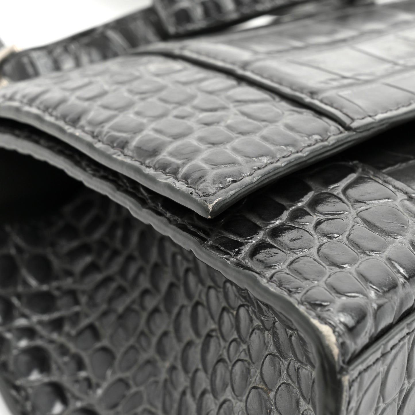 Shiny Calfskin Crocodile Embossed Small Hourglass Top Handle Bag Dark Grey