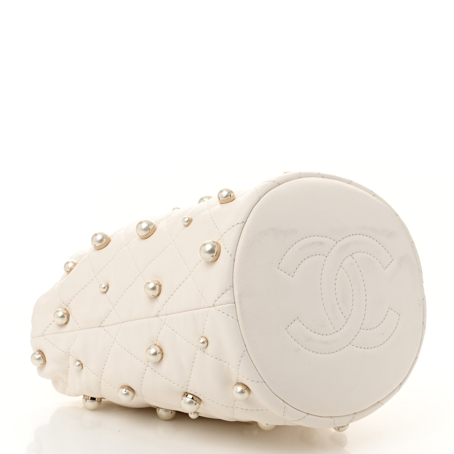Lambskin Quilted Pearl About Pearls Drawstring Bag White